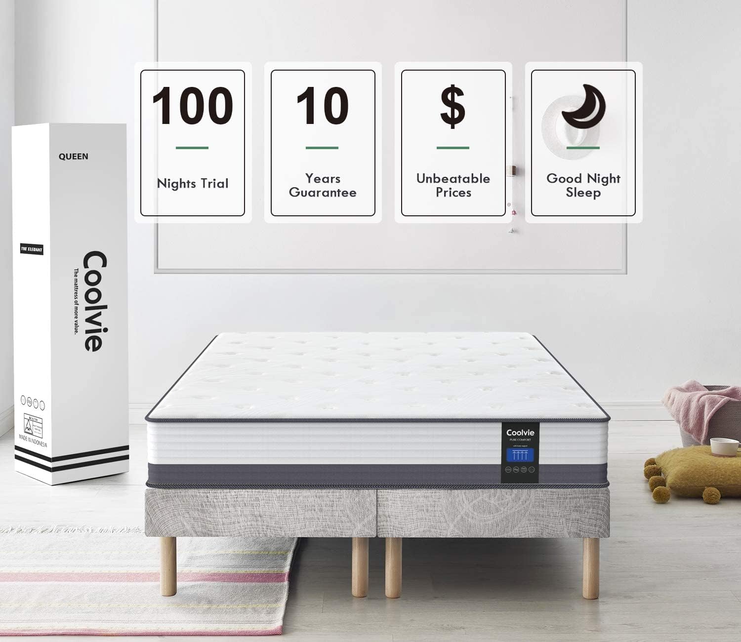 Coolvie Queen Bed Mattress, 10 Inch Queen Size Hybrid Mattress, Queen Mattress In A Box With Motion Isolation & Cool Sleep, Medi